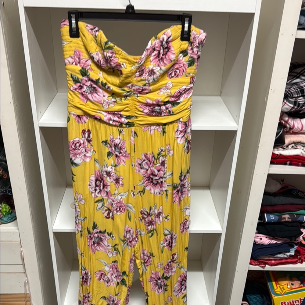Strapless Floral Jumpsuit in Yellow with Pink Bloom